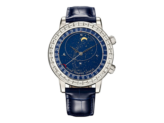 Grand Complications 6104 44mm SS Purple Diamonds Bezel Blue Dial on Blue Leather Strap – Premium Edition