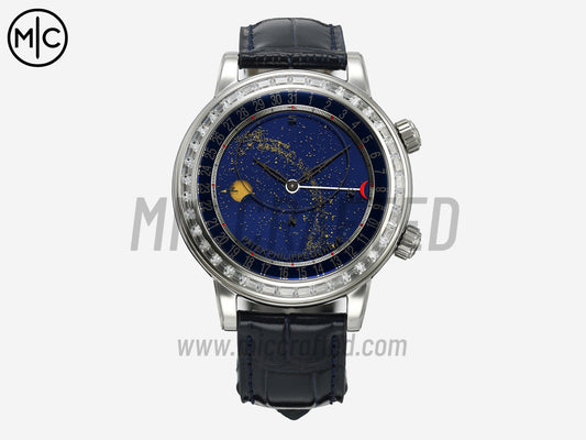 Grand Complications 6104 44mm SS Purple Diamonds Bezel Blue Dial on Blue Leather Strap – Premium Edition
