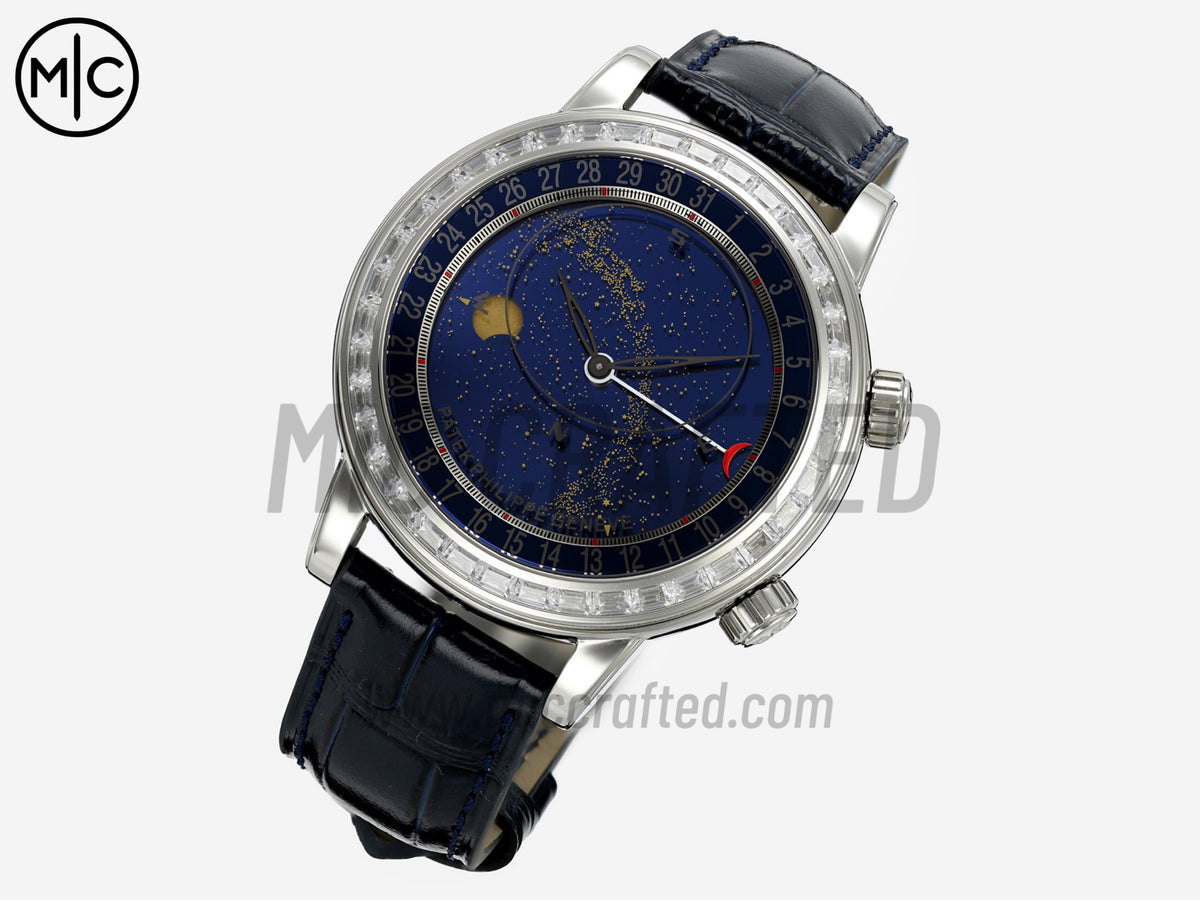 Grand Complications 6104 44mm 不鏽鋼 紫色鑽石錶圈 藍色錶盤搭配藍色皮革錶帶 - 尊享版