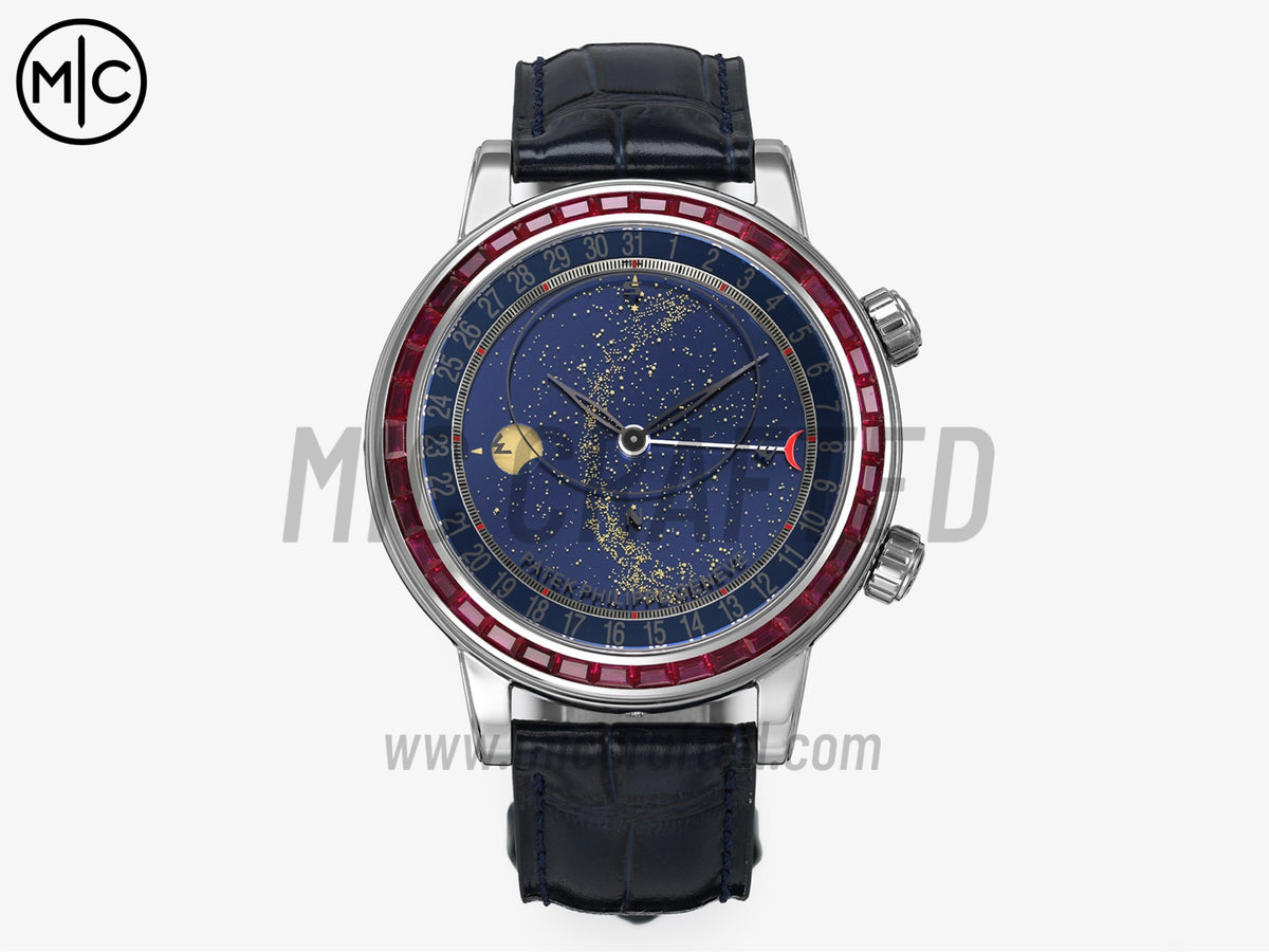 Grand Complications 6104 44mm 不鏽鋼 紅色鑽石錶圈 藍色錶盤搭配藍色皮革錶帶 - 尊享版