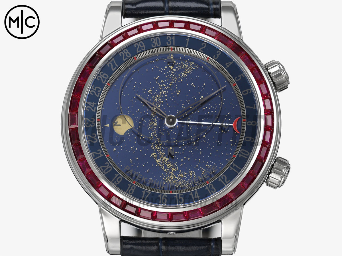 Grand Complications 6104 44mm 不鏽鋼 紅色鑽石錶圈 藍色錶盤搭配藍色皮革錶帶 - 尊享版