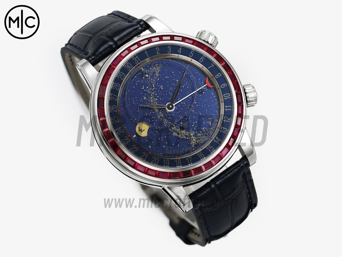 Grand Complications 6104 44mm 不鏽鋼 紅色鑽石錶圈 藍色錶盤搭配藍色皮革錶帶 - 尊享版