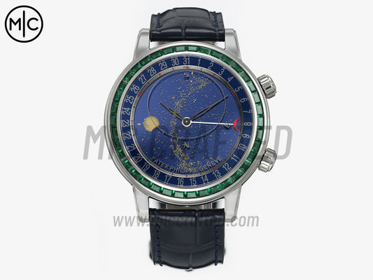 Grand Complications 6104 44mm SS Green Diamonds Bezel Blue Dial on Blue Leather Strap – Premium Edition