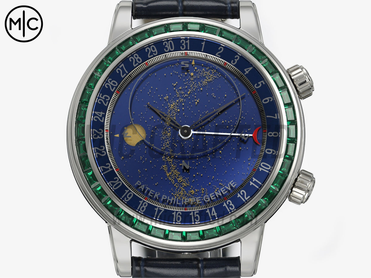 Grand Complications 6104 44mm 不鏽鋼 綠色鑽石錶圈 藍色錶盤搭配藍色皮革錶帶 - 尊享版