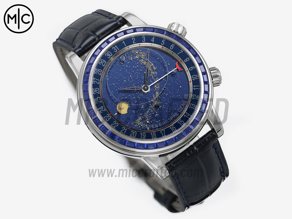 Grand Complications 6104 44mm SS Blue Diamonds Bezel Blue Dial on Blue Leather Strap – Premium Edition