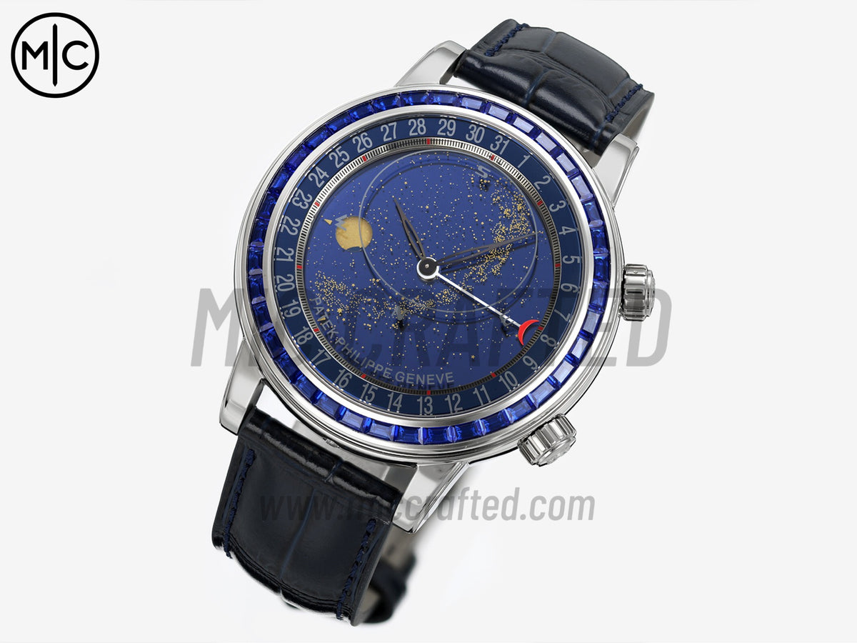 Grand Complications 6104 44mm SS Blue Diamonds Bezel Blue Dial on Blue Leather Strap – Premium Edition