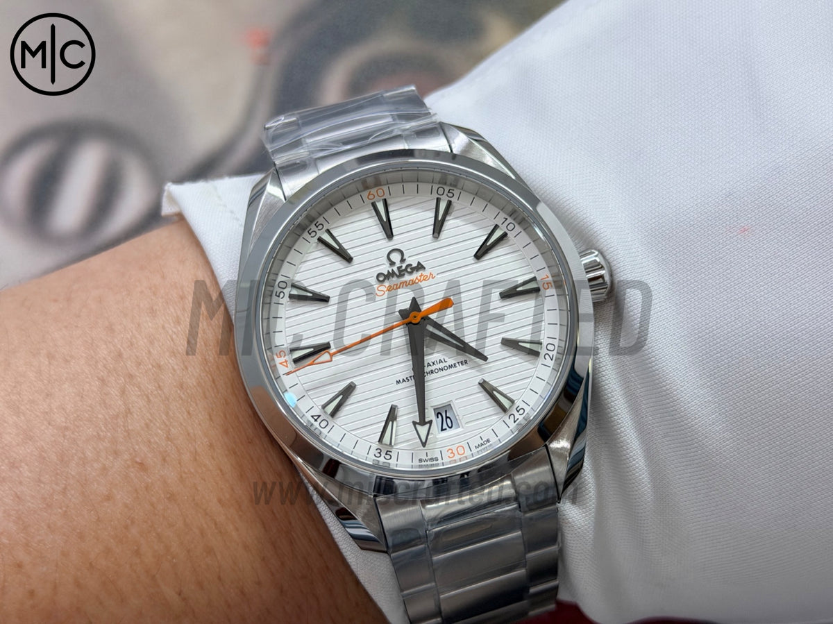 Aqua Terra 150M 41mm Master Chronometers White Dial Orange Hand on SS Bracelet – Premium Edition