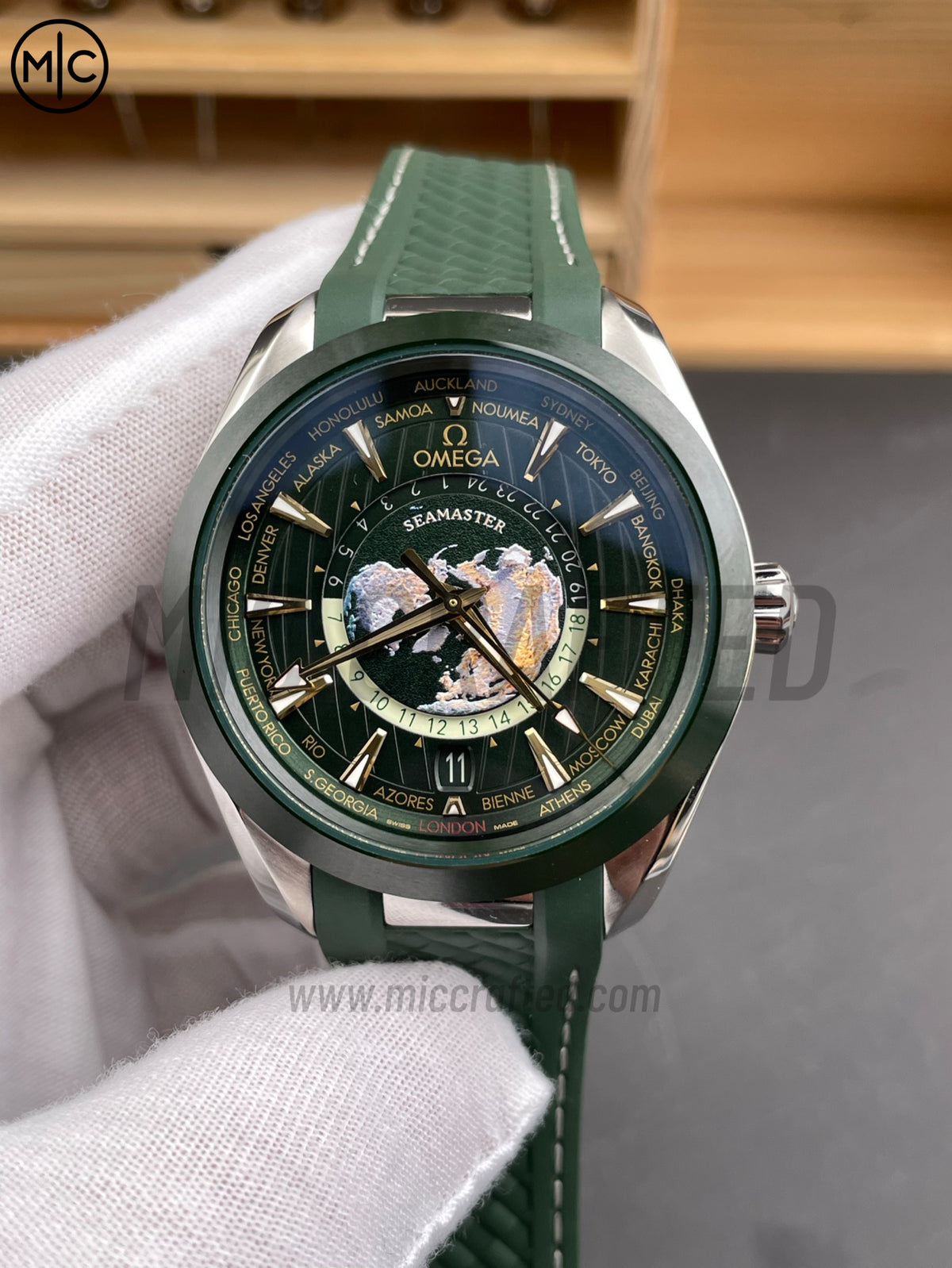 Aqua Terra GMT Worldtimer 43mm Green Ceramic on Green Rubber Strap – Premium Edition