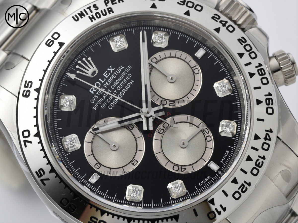 Daytona 126509 黑色/銀色鑽石錶盤配 SS 錶鏈 - 尊享版