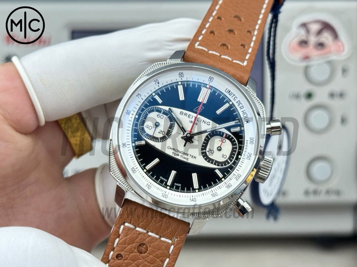 Top Time B01 38mm Racing 黑色/白色錶盤配棕色皮革錶帶 - 尊享版