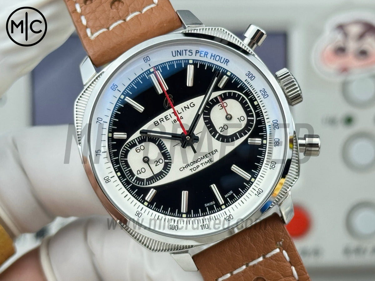 Top Time B01 38mm Racing 黑色/白色錶盤配棕色皮革錶帶 - 尊享版