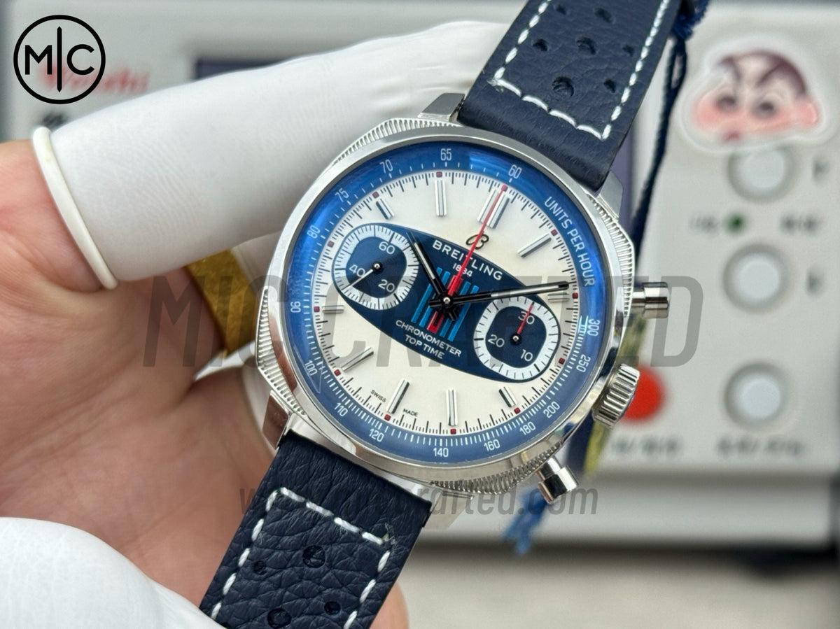 Top Time B01 38mm Racing 白色/藍色錶盤配藍色皮革錶帶 - 尊享版