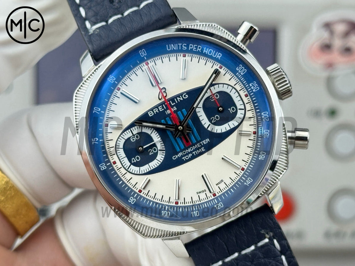 Top Time B01 38mm Racing 白色/藍色錶盤配藍色皮革錶帶 - 尊享版