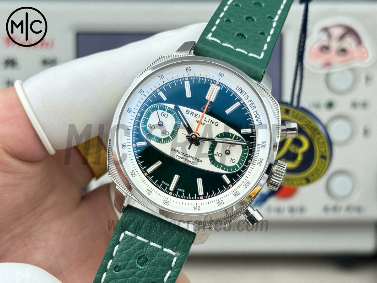 Top Time B01 38mm Racing Green/White Dial on Green Leather Strap – Premium Edition
