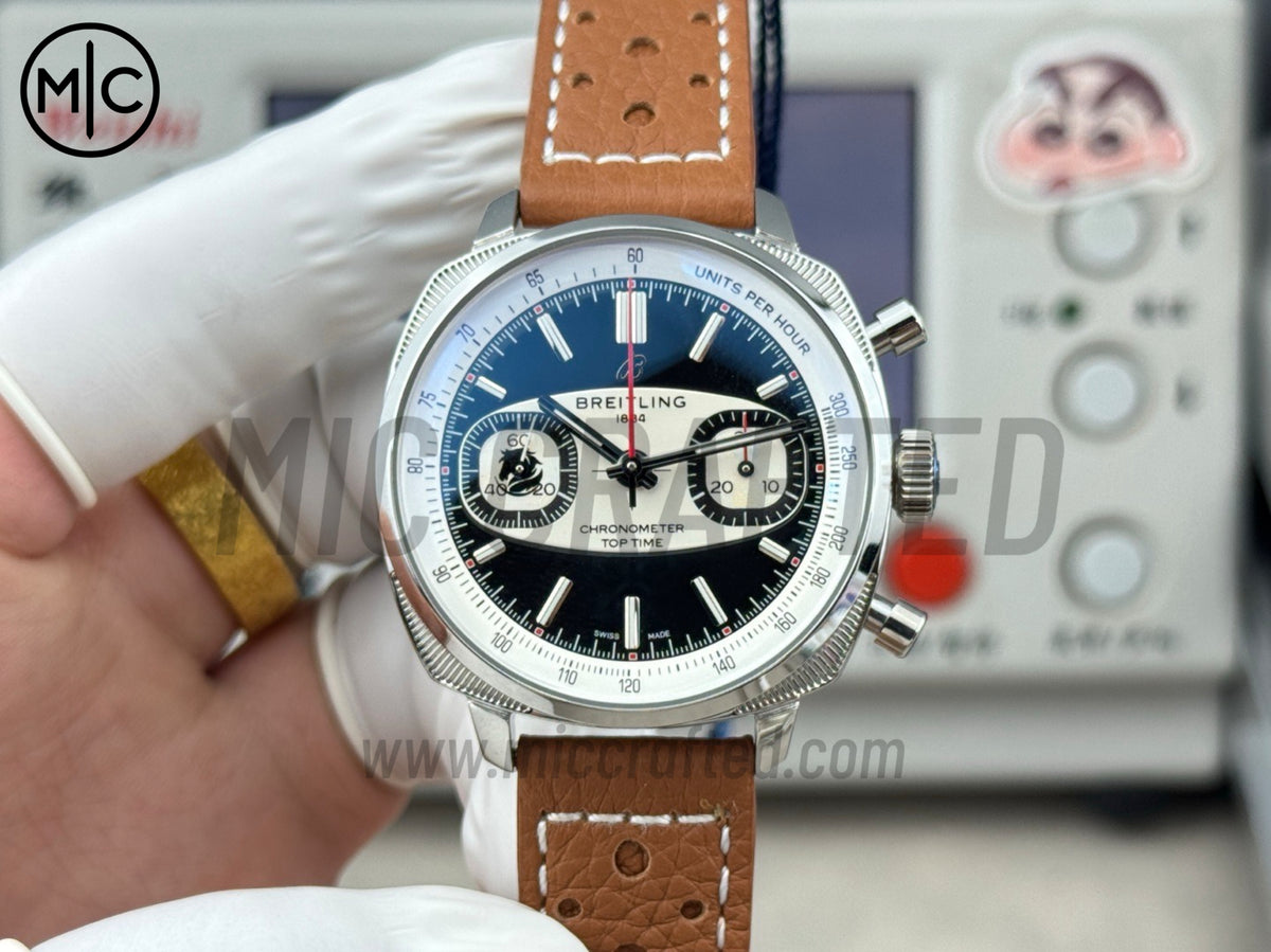 Top Time B01 38mm Racing「紅影黑色騎兵」黑色/白色錶盤配棕色皮革錶帶 - 尊享版