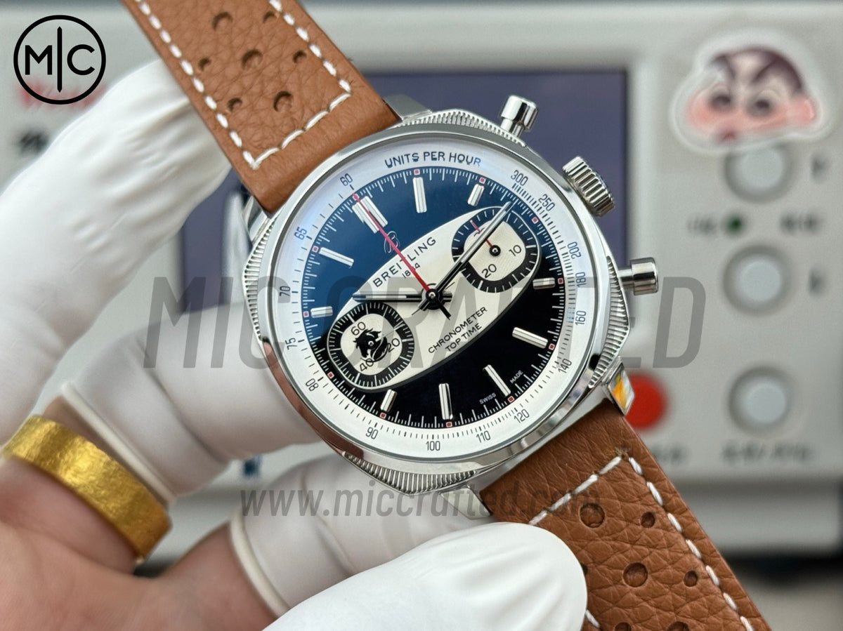 Top Time B01 38mm Racing「紅影黑色騎兵」黑色/白色錶盤配棕色皮革錶帶 - 尊享版