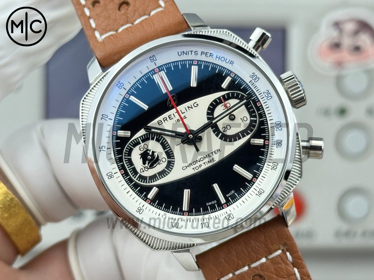 Top Time B01 38mm Racing「紅影黑色騎兵」黑色/白色錶盤配棕色皮革錶帶 - 尊享版