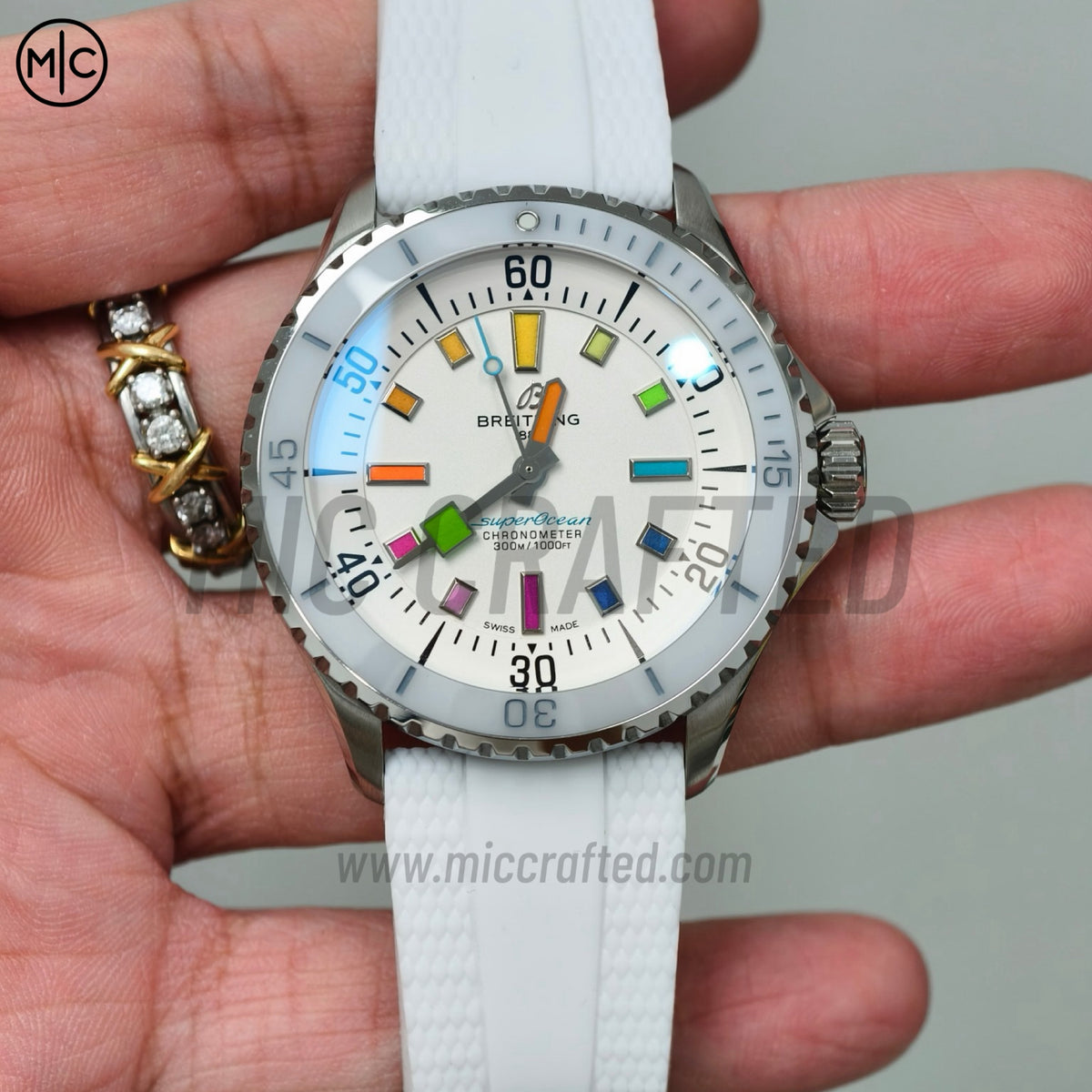SuperOcean Automatic 42mm SS White Rainbow Dial on White Rubber Strap – Premium Edition