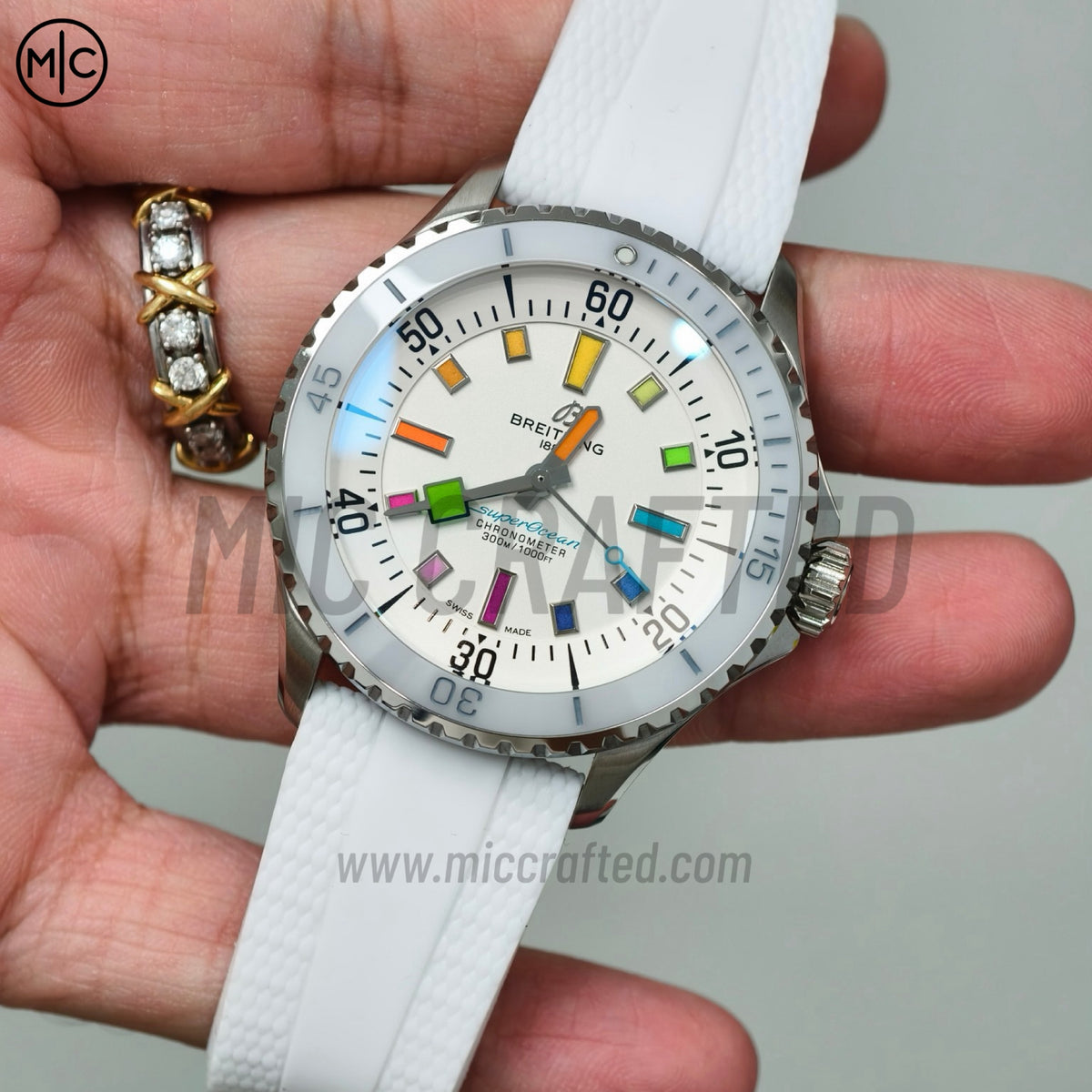 SuperOcean Automatic 42mm SS White Rainbow Dial on White Rubber Strap – Premium Edition