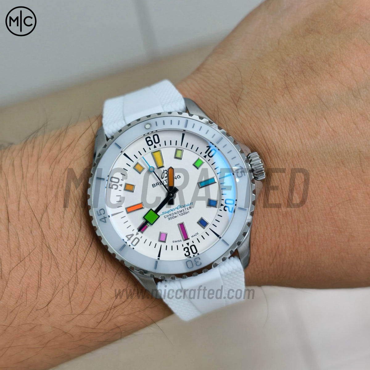 SuperOcean Automatic 42mm SS White Rainbow Dial on White Rubber Strap – Premium Edition