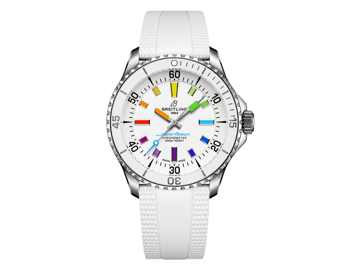 SuperOcean Automatic 42mm SS White Rainbow Dial on White Rubber Strap – Premium Edition
