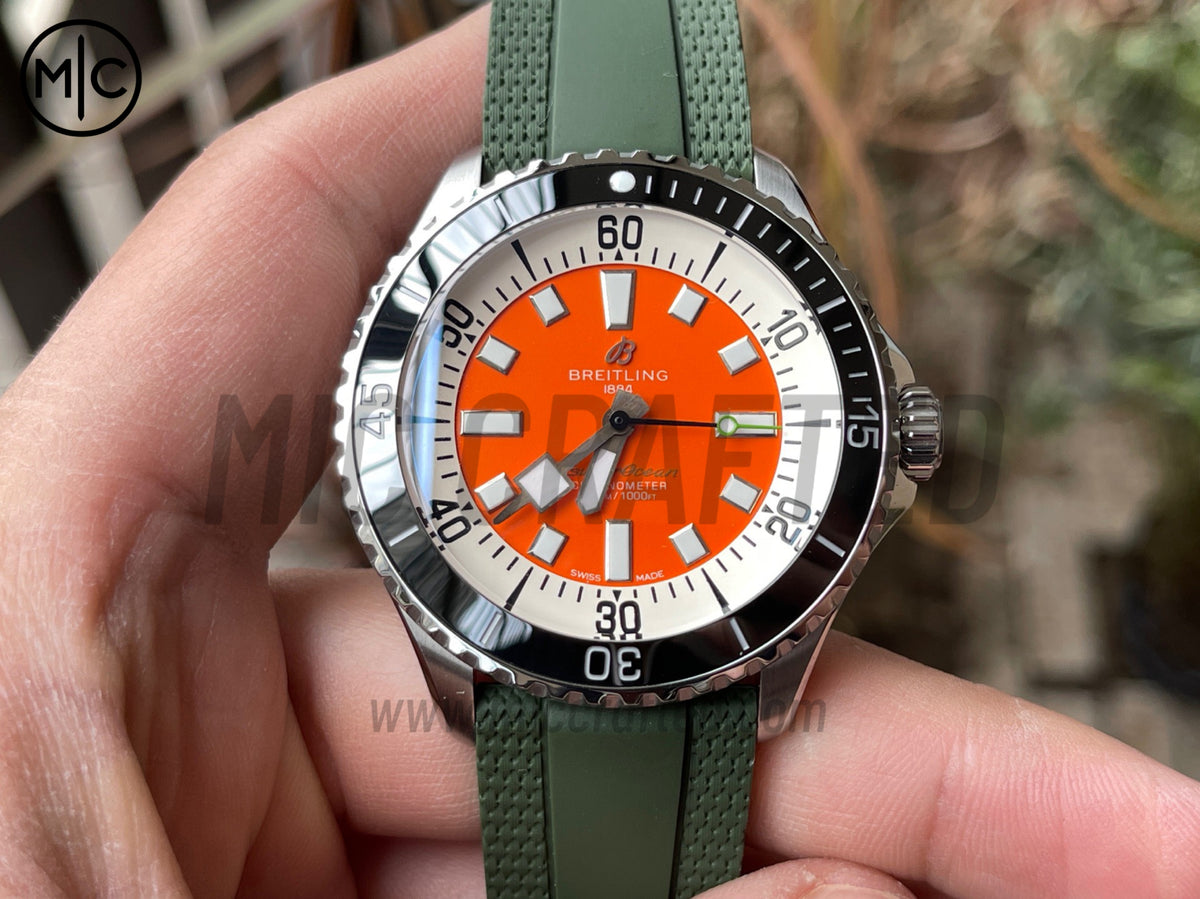 超級海洋系列自動腕錶 44mm 不鏽鋼黑色錶圈橙色錶盤配綠色橡膠錶帶 - 尊貴版