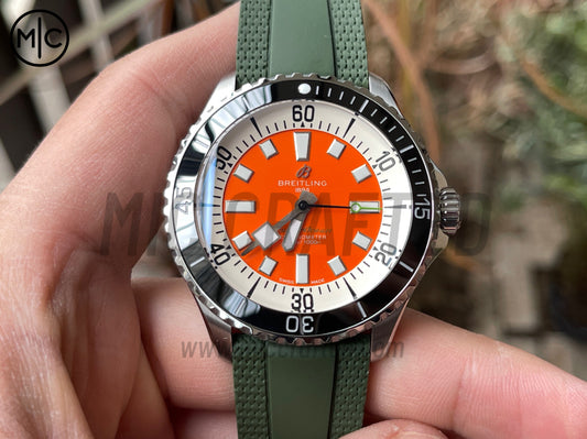 SuperOcean Automatic 44mm SS Black Bezel Orange Dial on Green Rubber Strap – Premium Edition