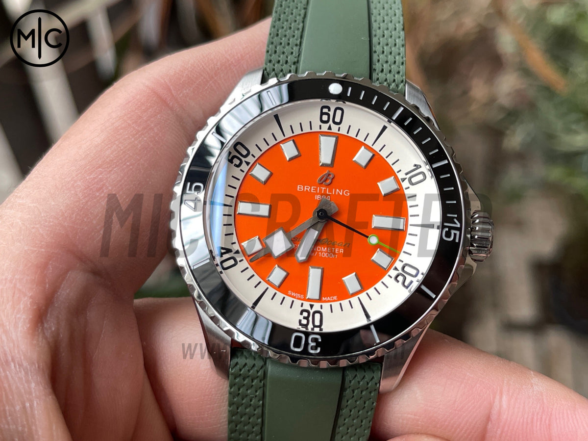 超級海洋系列自動腕錶 44mm 不鏽鋼黑色錶圈橙色錶盤配綠色橡膠錶帶 - 尊貴版