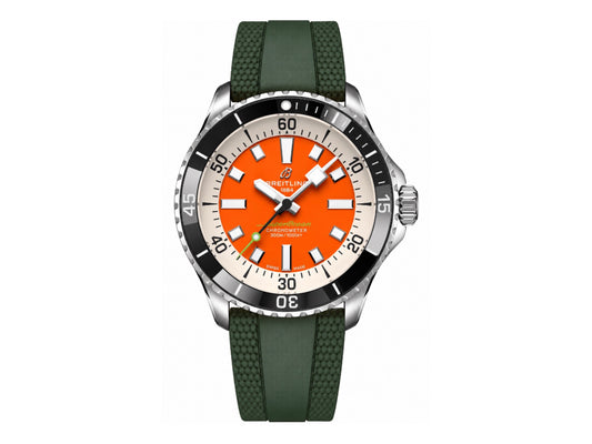 SuperOcean Automatic 44mm SS Black Bezel Orange Dial on Green Rubber Strap – Premium Edition