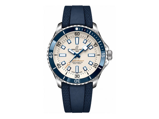 SuperOcean Automatic 44mm SS Blue Bezel Cream Dial on Blue Rubber Strap – Premium Edition