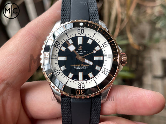 SuperOcean Automatic 44mm SS/RG Black/White Dial on Black Rubber Strap – Premium Edition