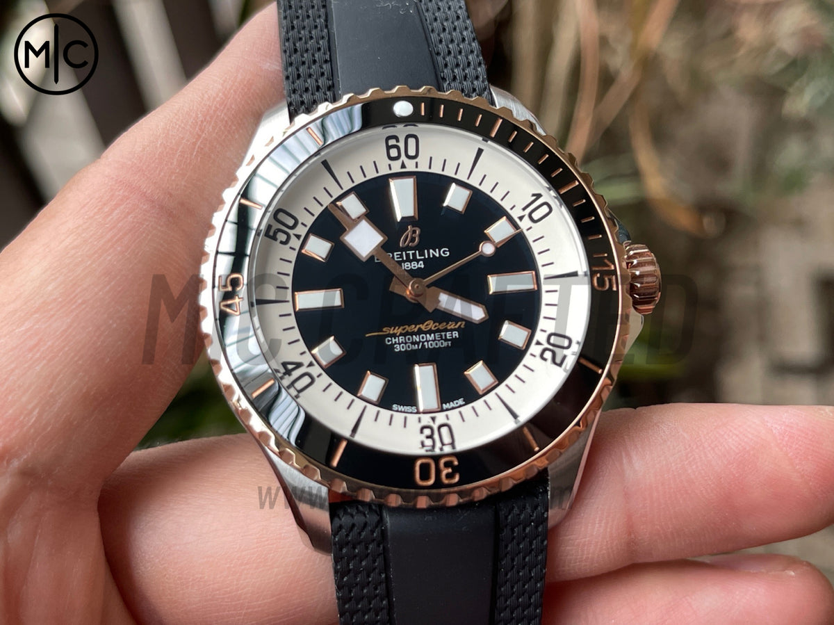 超級海洋系列自動腕錶 44mm 不鏽鋼／玫瑰金黑白錶盤配黑色橡膠錶帶 - 尊貴版
