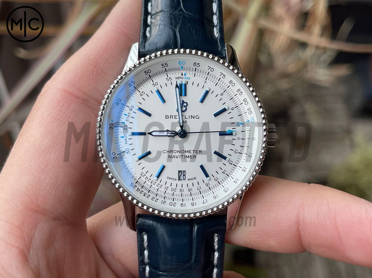 Navitimer 41mm Date SS White Dial on Blue Leather Strap – Premium Edition