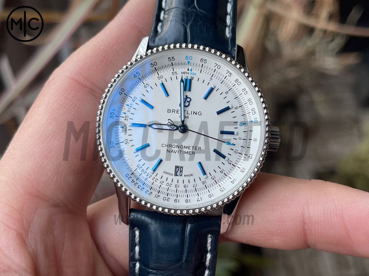 Navitimer 41mm Date SS White Dial on Blue Leather Strap – Premium Edition