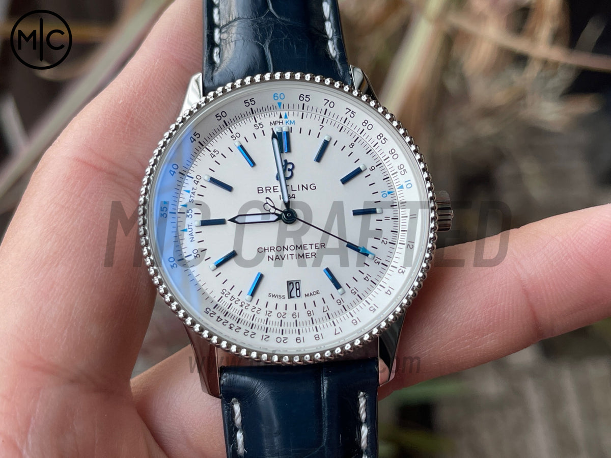 Navitimer 41mm Date SS White Dial on Blue Leather Strap – Premium Edition