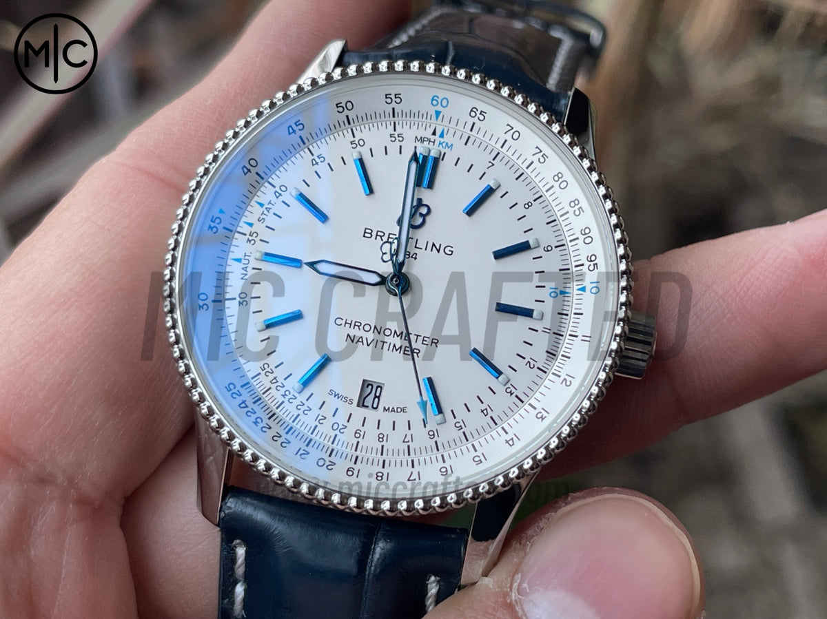 Navitimer 41mm Date SS White Dial on Blue Leather Strap – Premium Edition