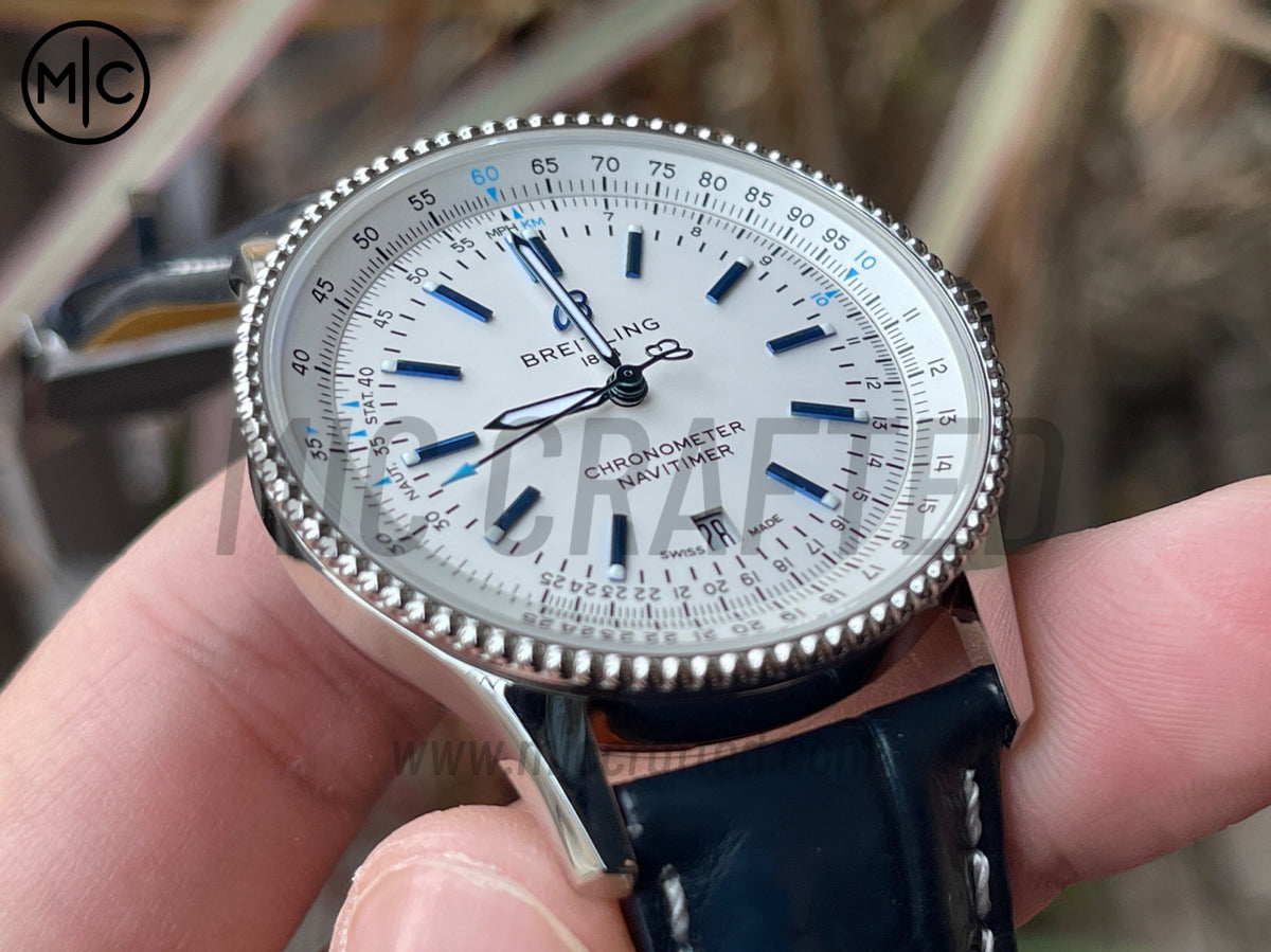 Navitimer 41mm Date SS White Dial on Blue Leather Strap – Premium Edition