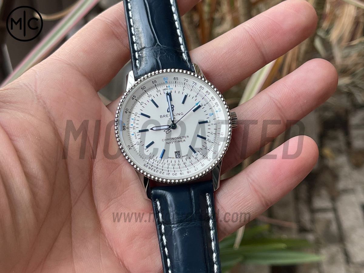 Navitimer 41mm Date SS White Dial on Blue Leather Strap – Premium Edition