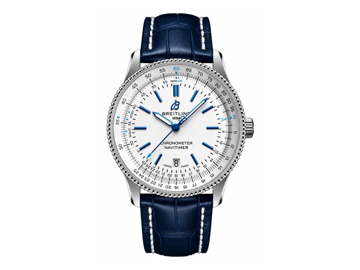 Navitimer 41mm Date SS White Dial on Blue Leather Strap – Premium Edition