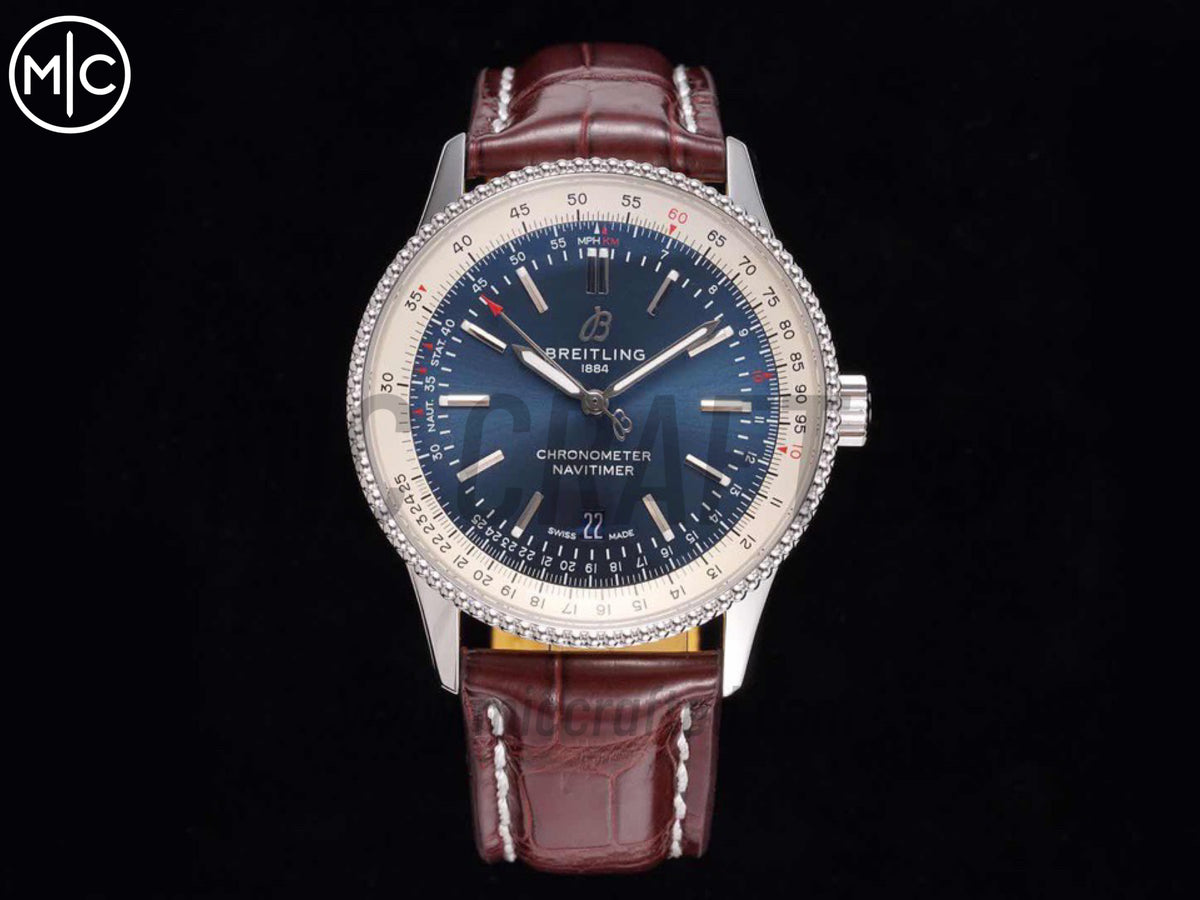 Navitimer 41mm Date SS 藍色錶盤配棕色皮革錶帶 – Premium Edition
